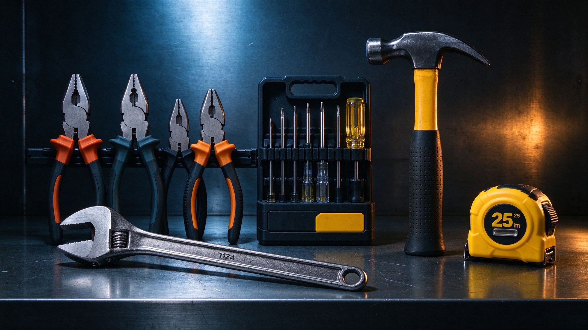 Hand tools on a steel workbench