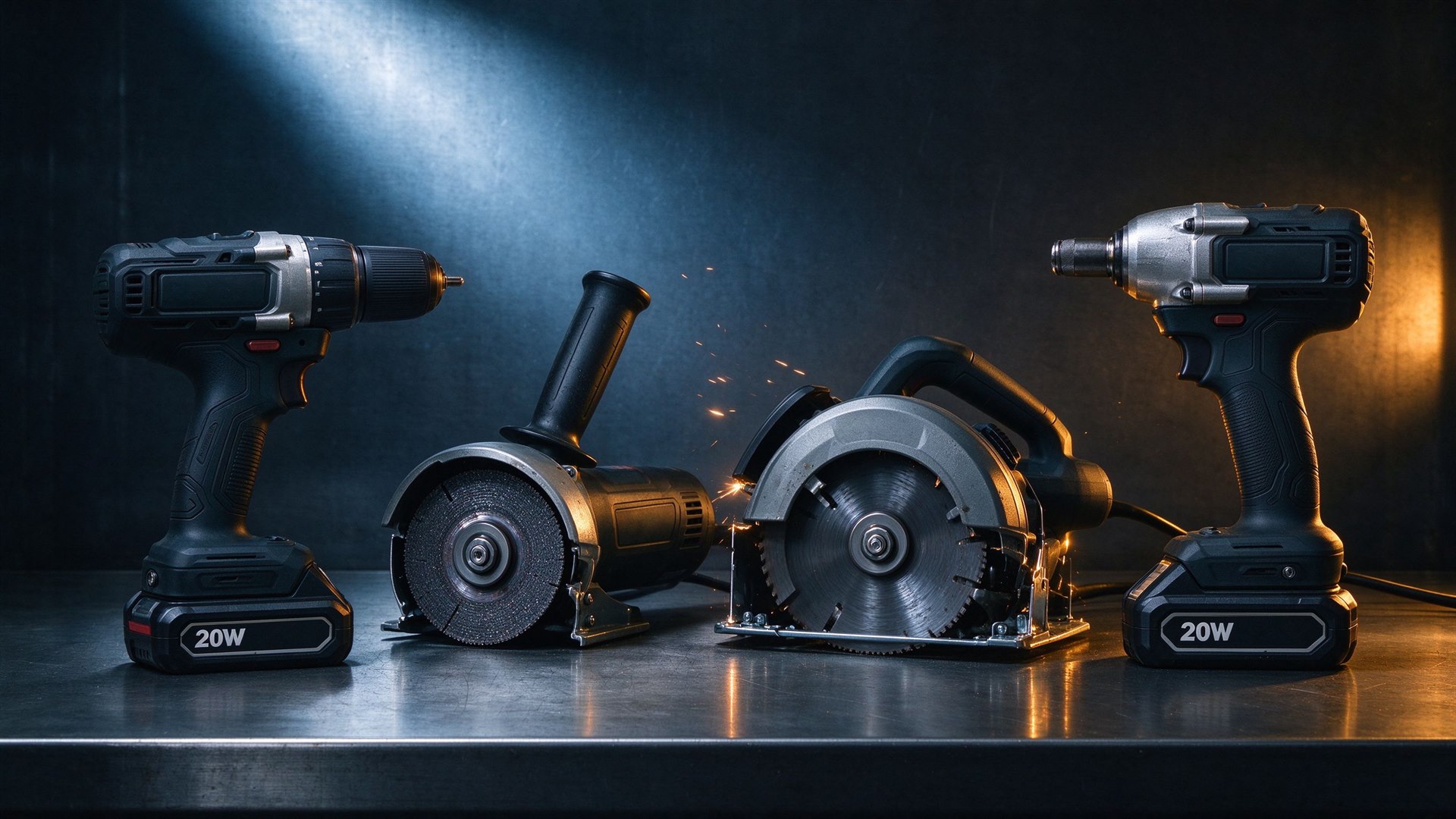 Power tools on a steel workbench