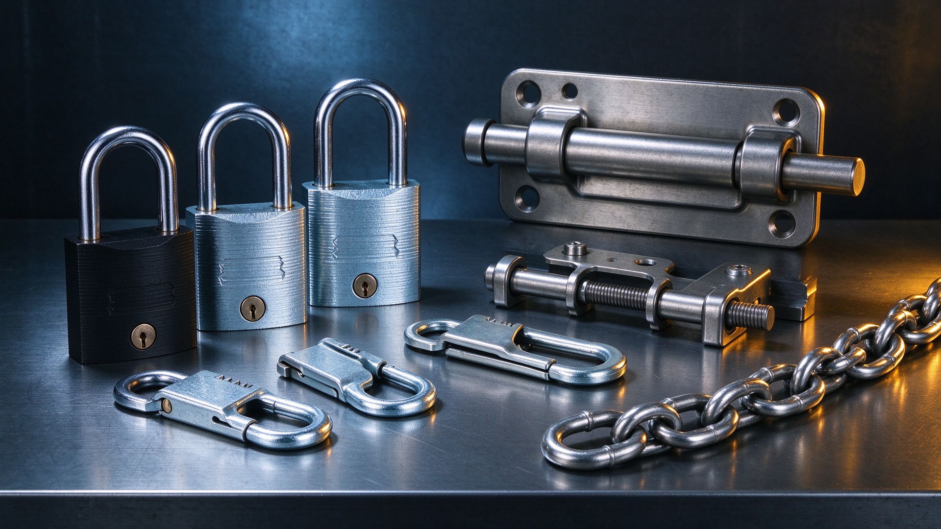 Security hardware on a steel workbench